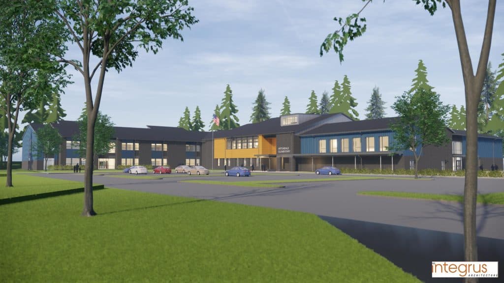 architectural rendering of exterior of the new artondale elementary school in gig harbor