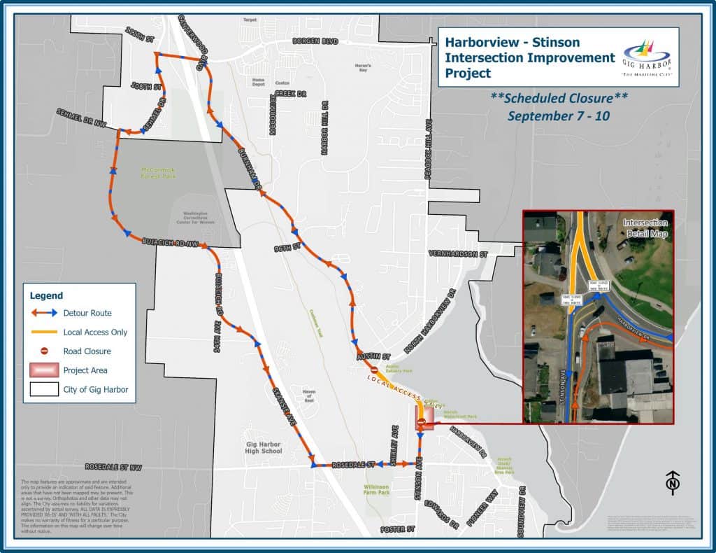 Map of Gig Harbor showing road closures and detours for Harborview-Stinson Intersection Improvement Project