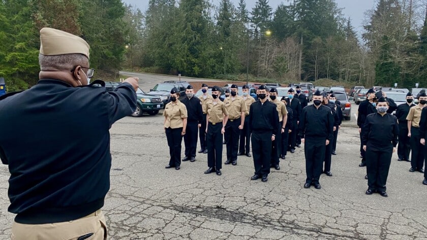 Darrell Hood, Lt. Cdr., USN (Ret), conducts drills with cadets in Peninsula School District’s NJROTC/NNDCC program on Monday at Peninsula High School. Hood, with a background in aviation operations and security, leads the program, which is new to the district this year.