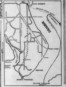 This is a photo of a black and white ink drawing map printed by a newspaper showing a ferry boat route between Gig Harbor and Point Defiance Washington.