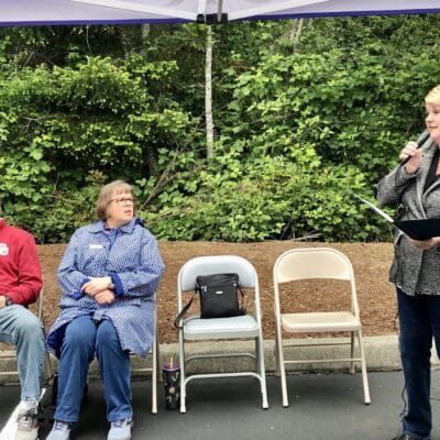 Mayor Tracie Markley addresses the crowd during a sports complex groundbreaking ceremony Friday. At left is City Councilwoman Mary Deming Barber and an unidentified guest.