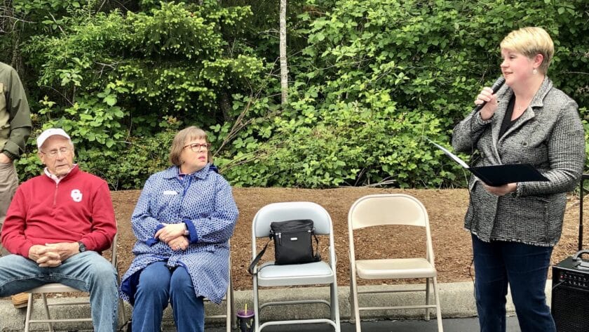 Mayor Tracie Markley addresses the crowd during a sports complex groundbreaking ceremony Friday. At left is City Councilwoman Mary Deming Barber and an unidentified guest.