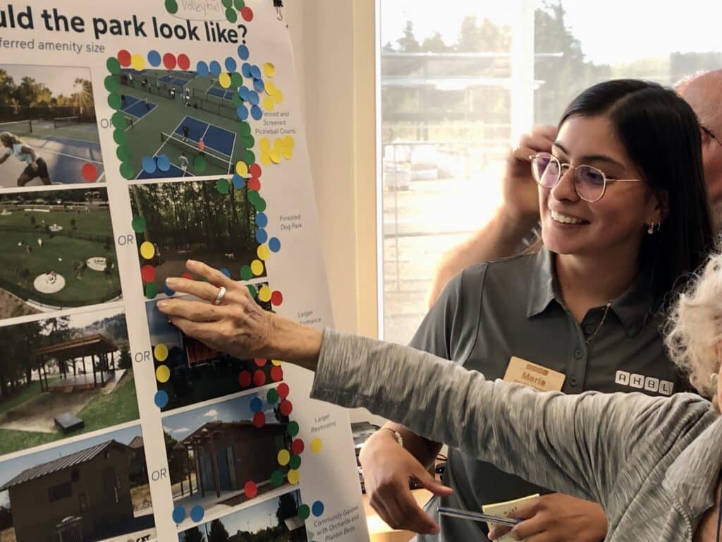 A consultant oversees a poster board measuring how large amenities should be.