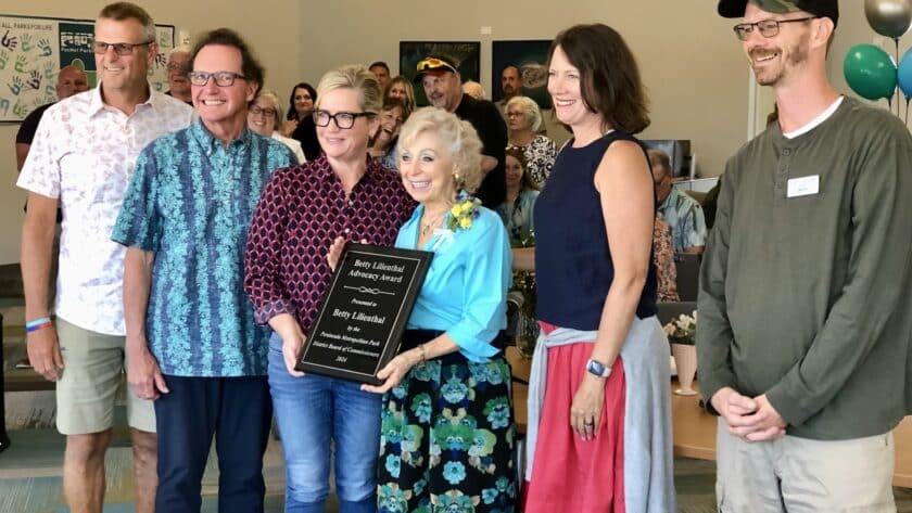 Betty Lilienthal poses with her advocacy award plaque and board members, from left, Steve Nixon, Kurt Grimmer, Missy Hill, ???? and Billy Sehmel.