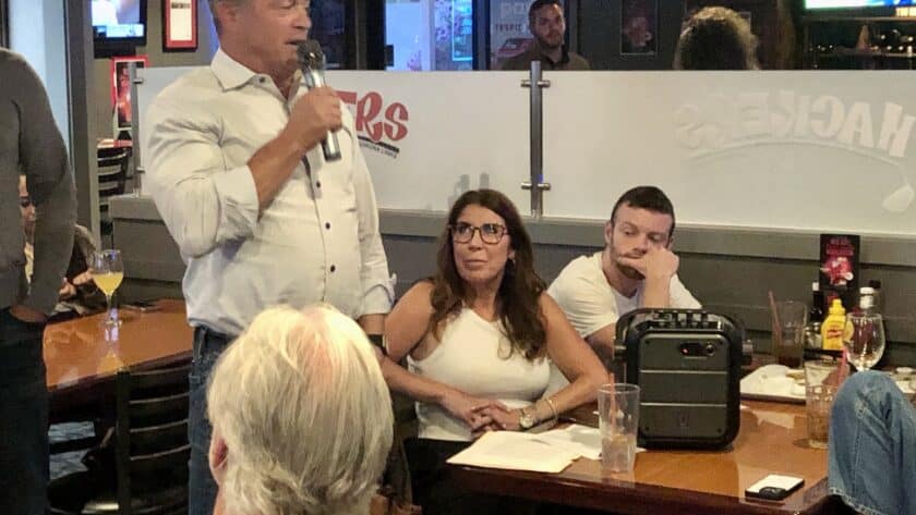 Zach Rosenbloom addresses the crowd Tuesday at Hackers restaurant.