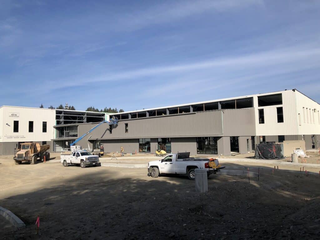 The rec center's steel skin is in place and work has moved to the interior.